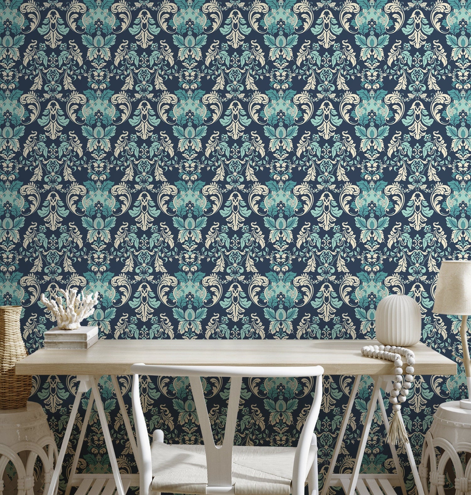 Blue Vintage Damask Wallpaper / Peel and Stick Wallpaper Removable Wallpaper Home Decor Wall Art Wall Decor Room Decor - D097