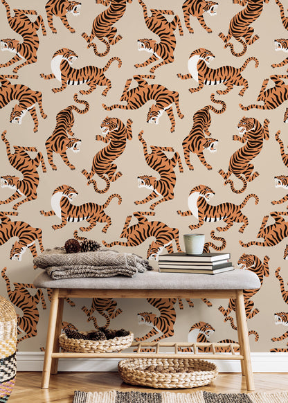 Boho Neutral Tiger Wallpaper Removable Peel and Stick Wallpaper, Animal Print Repositionable Peel and Stick Wallpaper - ZACK