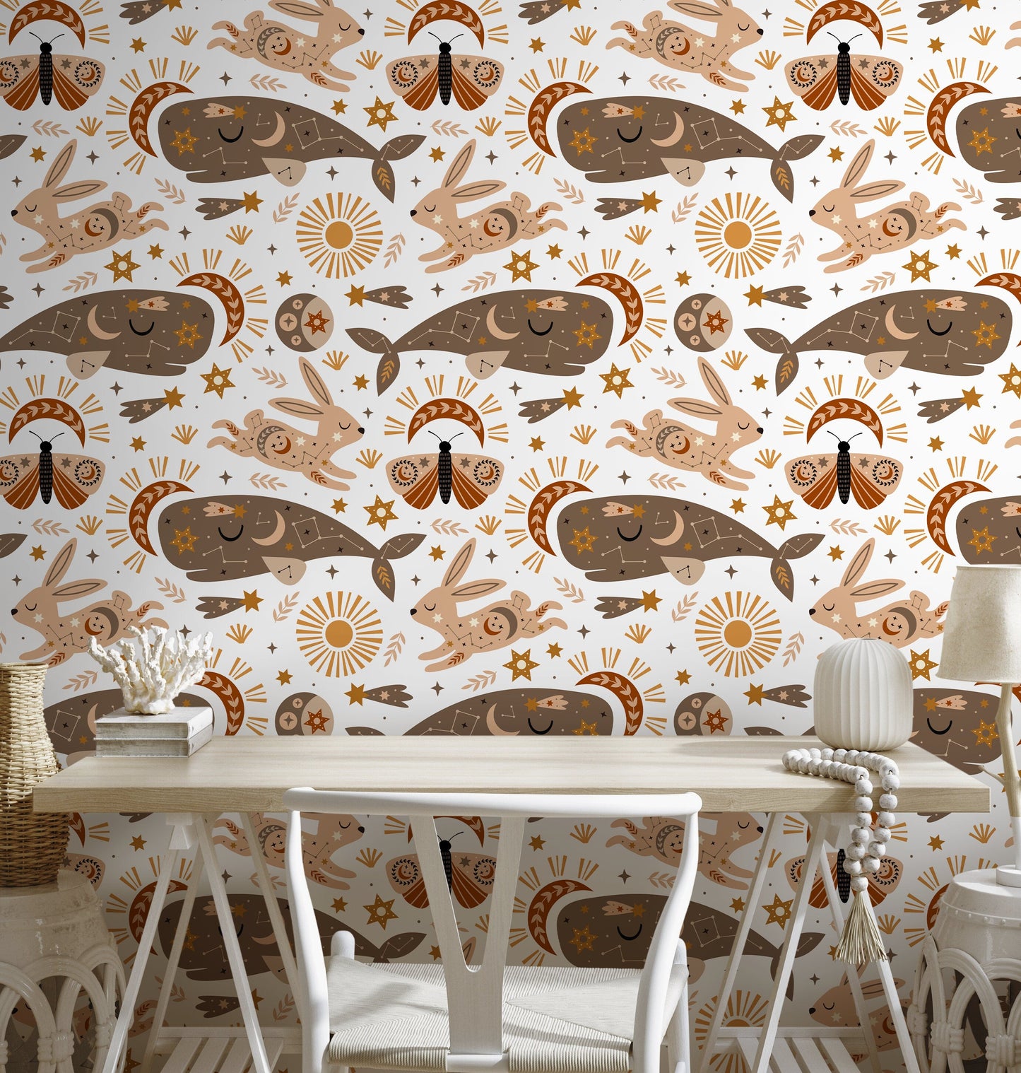 Mystique and Celestial Wallpaper Removable Peel and Stick Wallpaper, Peel and Stick Wallpaper Rabbit and Whale - ZACO