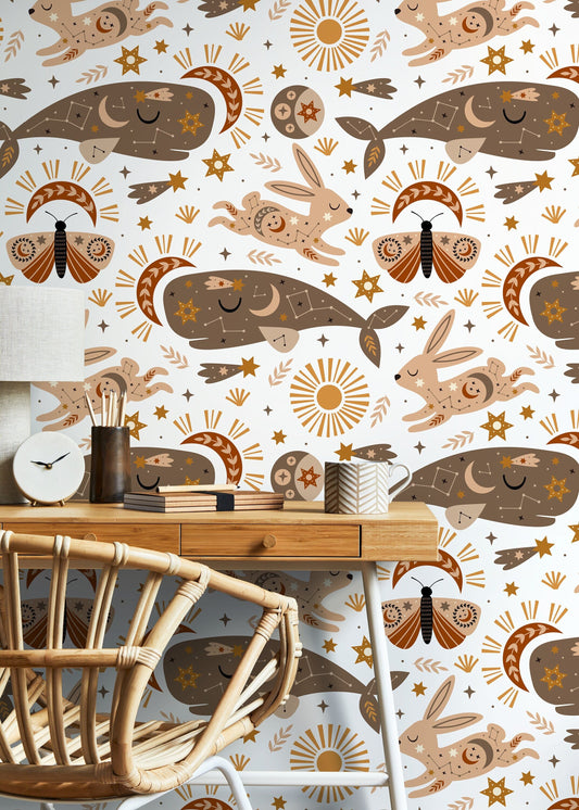 Mystique and Celestial Wallpaper Removable Peel and Stick Wallpaper, Peel and Stick Wallpaper Rabbit and Whale - ZACO