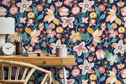 Colorful Floral Garden Wallpaper / Peel and Stick Wallpaper Removable Wallpaper Home Decor Wall Art Wall Decor Room Decor - D119
