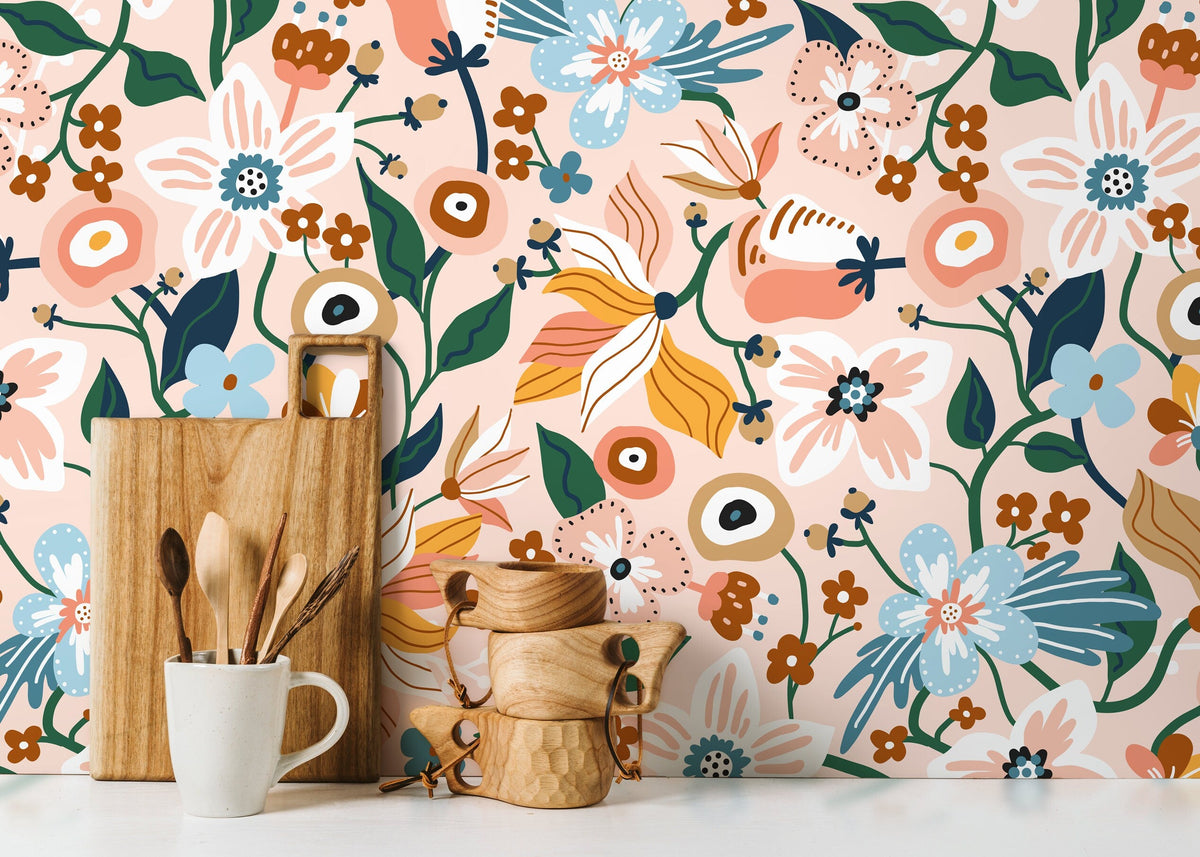 Pink Floral Garden Wallpaper / Peel and Stick Wallpaper Removable Wallpaper Home Decor Wall Art Wall Decor Room Decor - D120