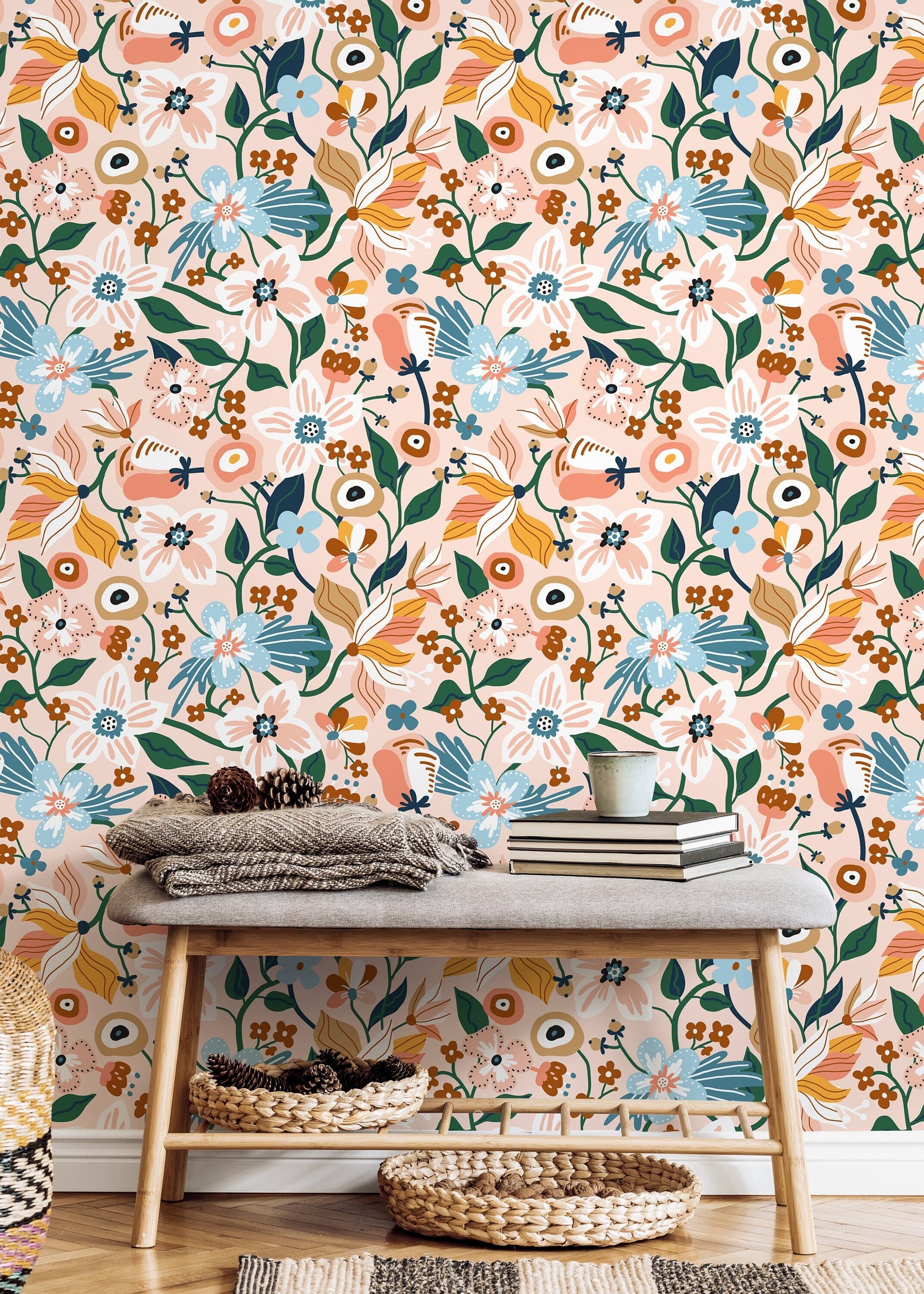 Pink Floral Garden Wallpaper / Peel and Stick Wallpaper Removable Wallpaper Home Decor Wall Art Wall Decor Room Decor - D120