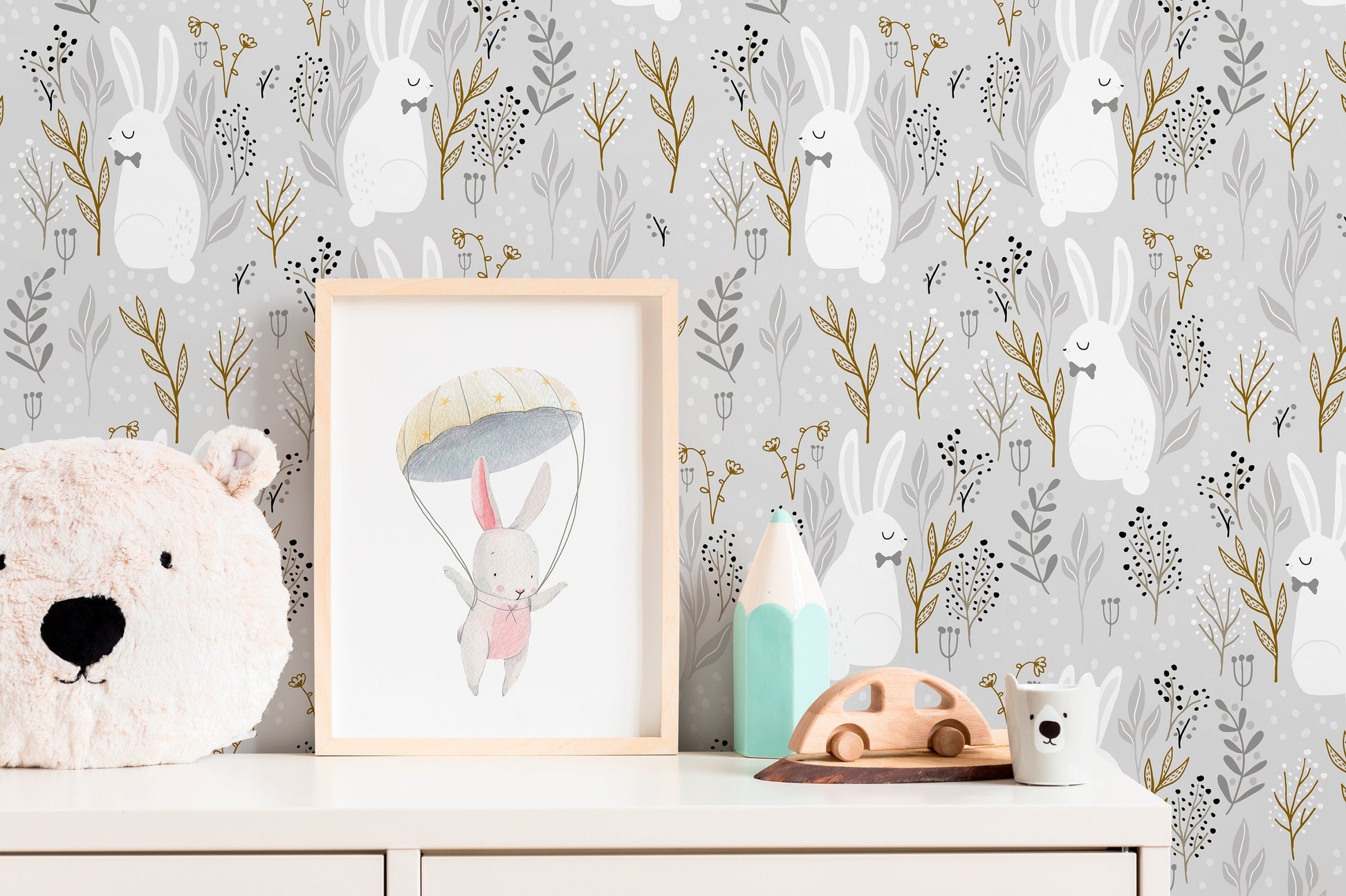 Gray Bunny Nursery Wallpaper / Peel and Stick Wallpaper Removable Wallpaper Home Decor Wall Art Wall Decor Room Decor - D124
