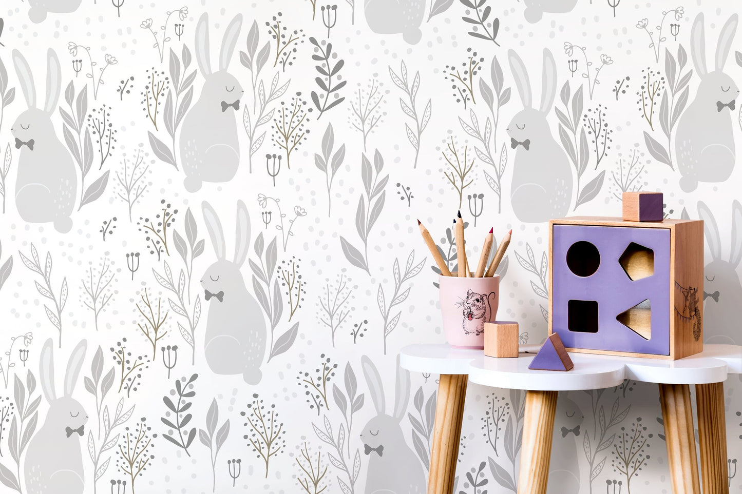 Neutral Bunny Nursery Wallpaper / Peel and Stick Wallpaper Removable Wallpaper Home Decor Wall Art Wall Decor Room Decor - D125