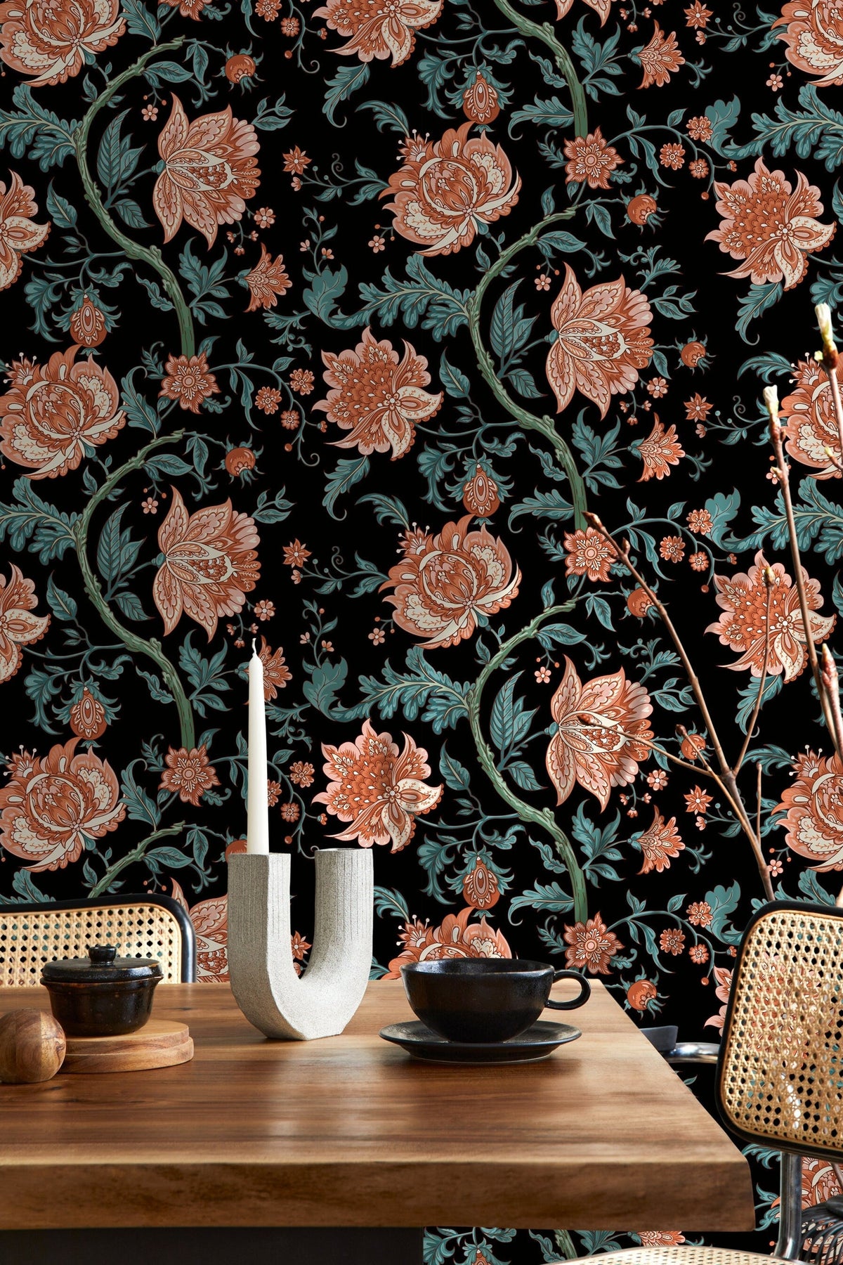 Dark Vintage Floral Wallpaper / Peel and Stick Wallpaper Removable Wallpaper Home Decor Wall Art Wall Decor Room Decor - D129