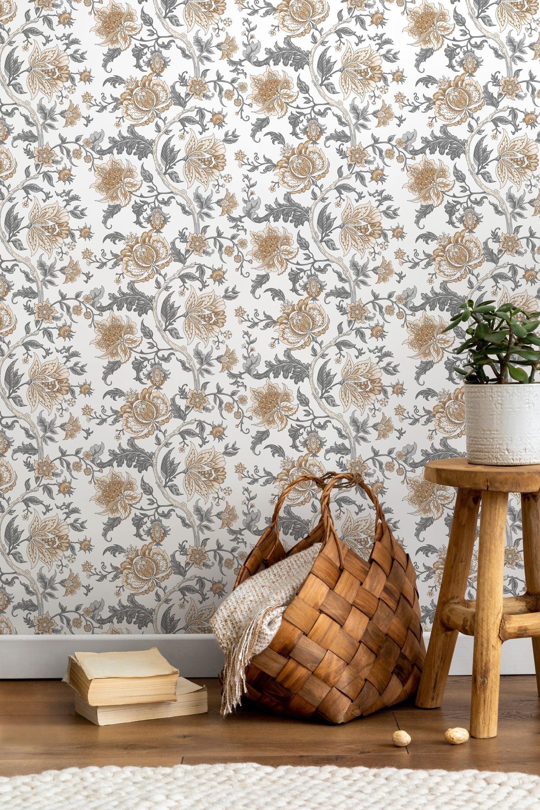 Neutral Vintage Floral Wallpaper / Peel and Stick Wallpaper Removable Wallpaper Home Decor Wall Art Wall Decor Room Decor - D130