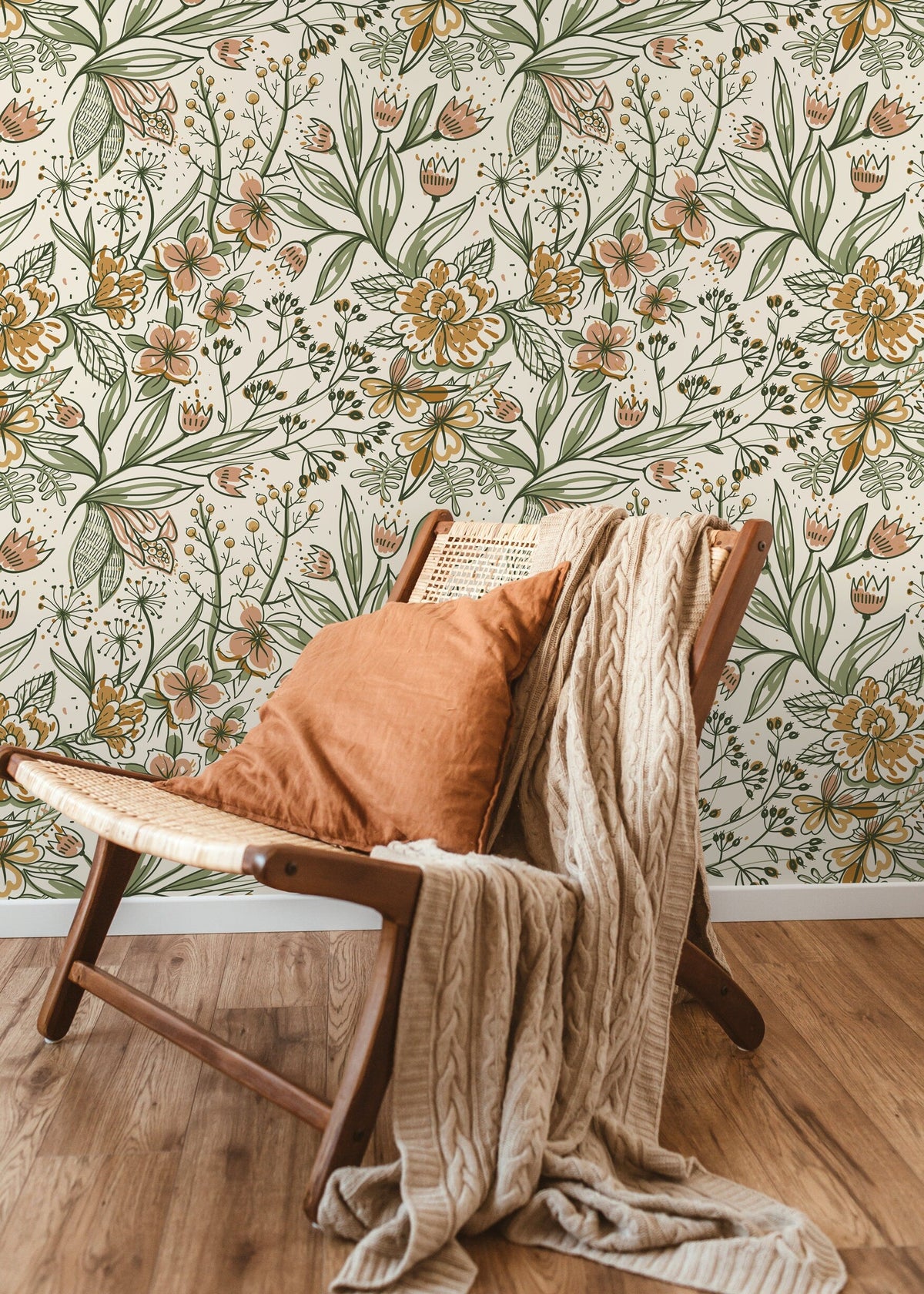 Floral Garden Hand Drawing Wallpaper / Peel and Stick Wallpaper Removable Wallpaper Home Decor Wall Art Wall Decor Room Decor - D139