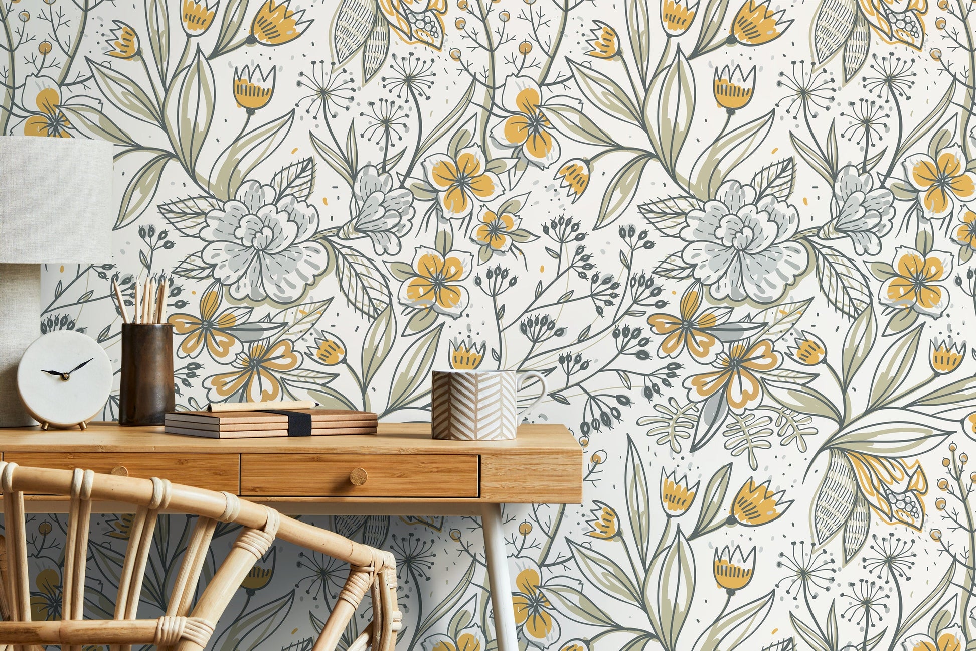 Boho Floral Hand Drawing Wallpaper / Peel and Stick Wallpaper Removable Wallpaper Home Decor Wall Art Wall Decor Room Decor - D140