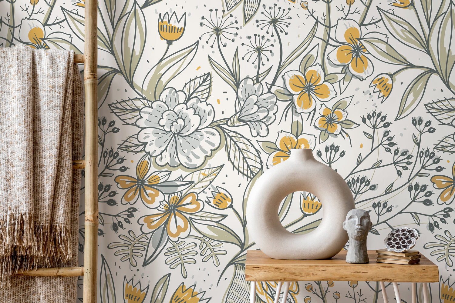 Boho Floral Hand Drawing Wallpaper / Peel and Stick Wallpaper Removable Wallpaper Home Decor Wall Art Wall Decor Room Decor - D140