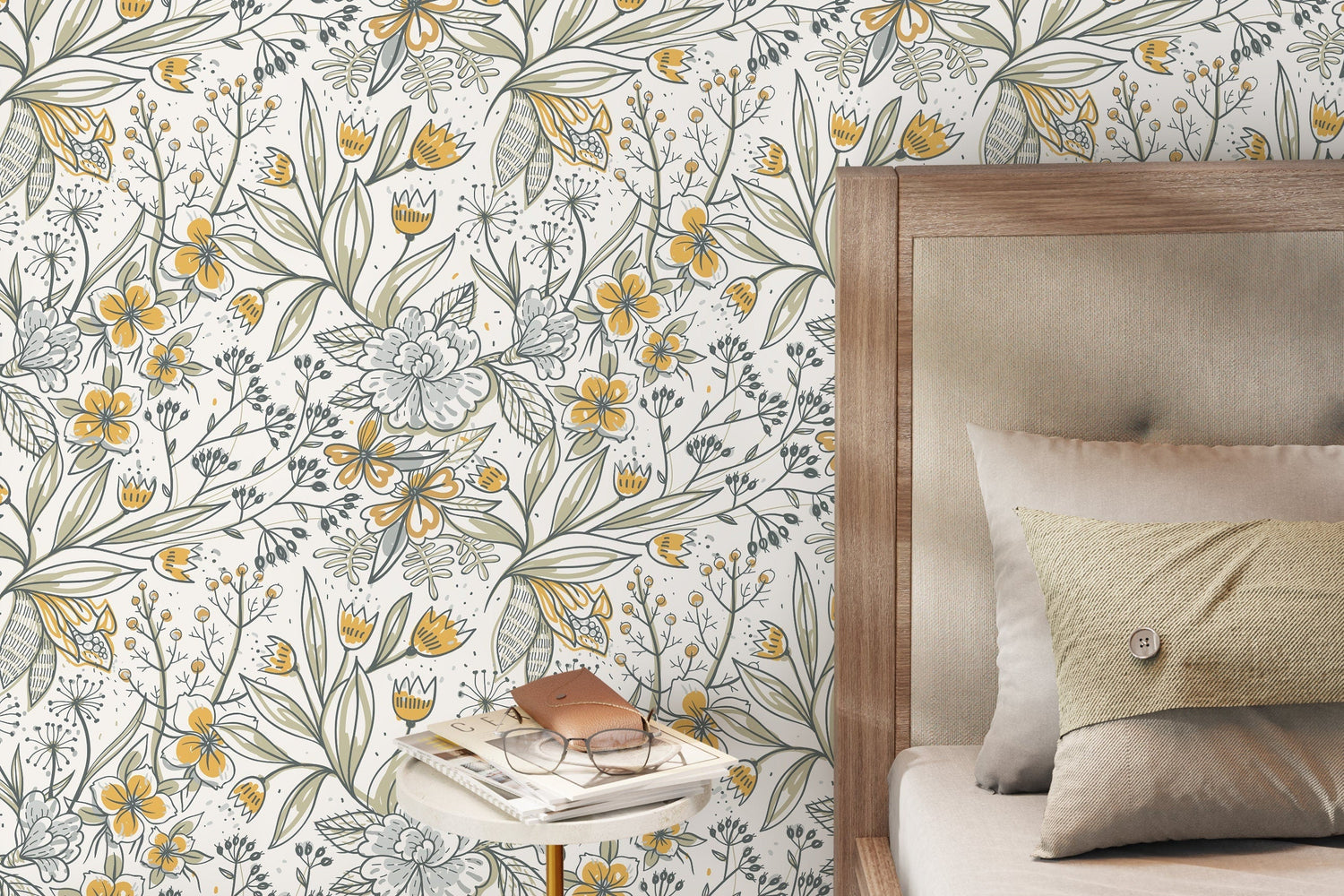 Boho Floral Hand Drawing Wallpaper / Peel and Stick Wallpaper Removable Wallpaper Home Decor Wall Art Wall Decor Room Decor - D140