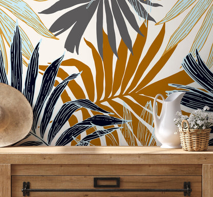 Autumn Palm Leaves Wallpaper - Removable Wallpaper Peel and Stick Wallpaper Wall Paper - B070