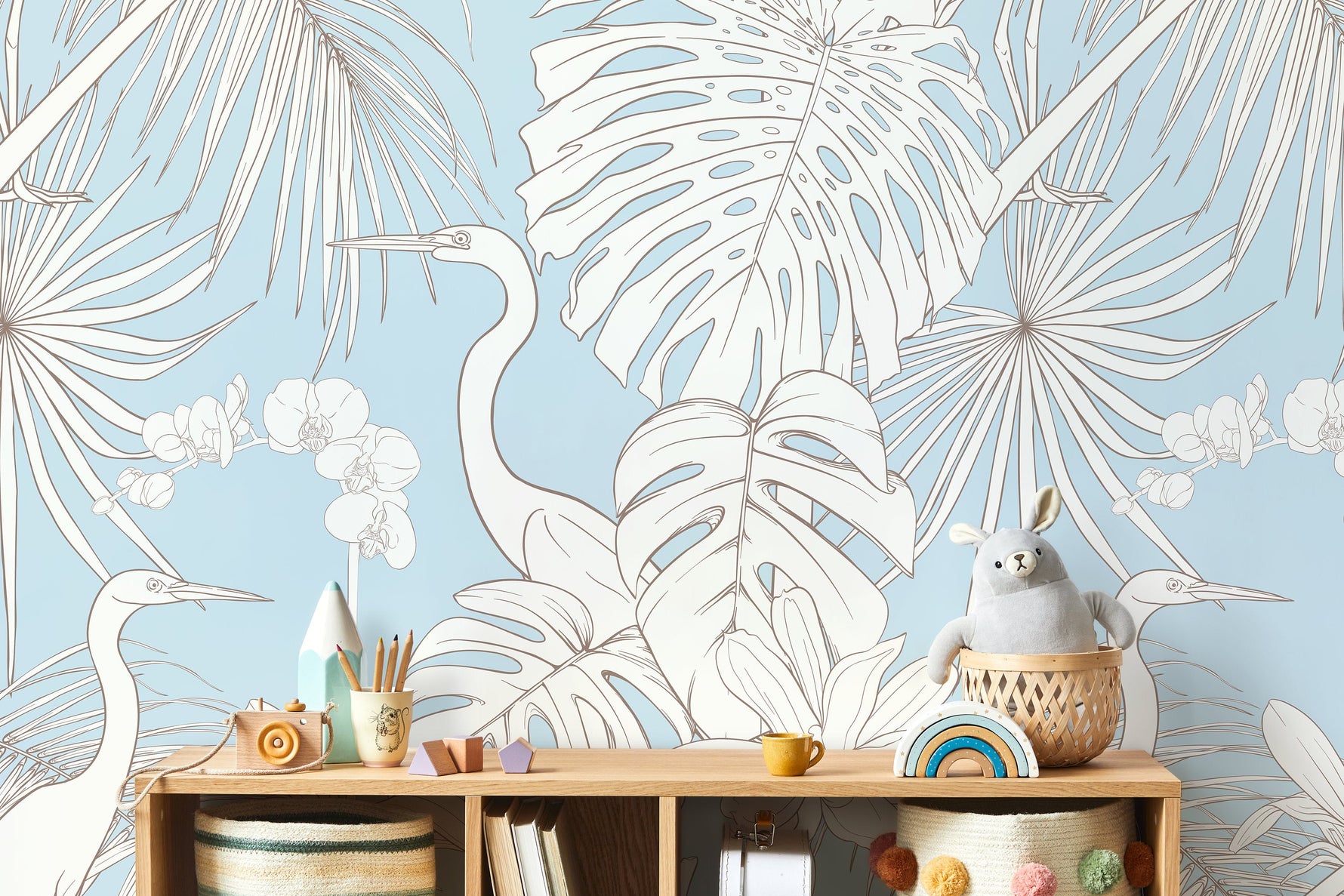 Floral Crane Birds Wallpaper / Peel and Stick Wallpaper Removable Wallpaper Home Decor Wall Art Wall Decor Room Decor - D107
