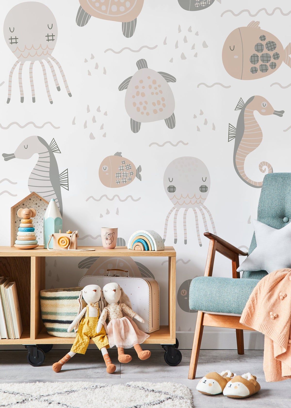 Neutral Nursery Animals Wallpaper / Peel and Stick Wallpaper Removable Wallpaper Home Decor Wall Art Wall Decor Room Decor - D113