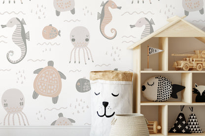 Neutral Nursery Animals Wallpaper / Peel and Stick Wallpaper Removable Wallpaper Home Decor Wall Art Wall Decor Room Decor - D113