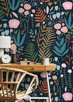 Dark Floral Garden Wallpaper / Peel and Stick Wallpaper Removable Wallpaper Home Decor Wall Art Wall Decor Room Decor - D117