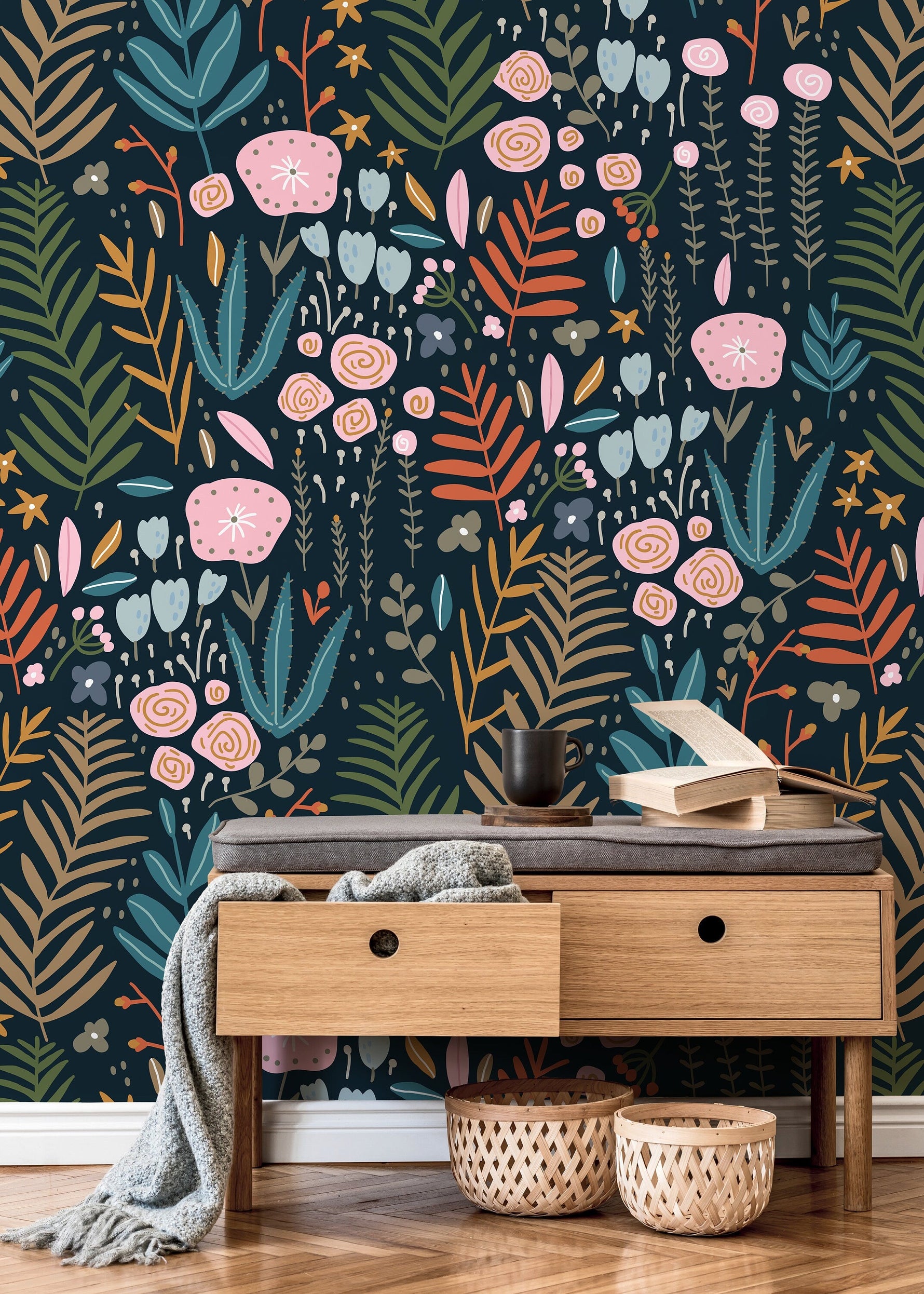 Dark Floral Garden Wallpaper / Peel and Stick Wallpaper Removable Wallpaper Home Decor Wall Art Wall Decor Room Decor - D117