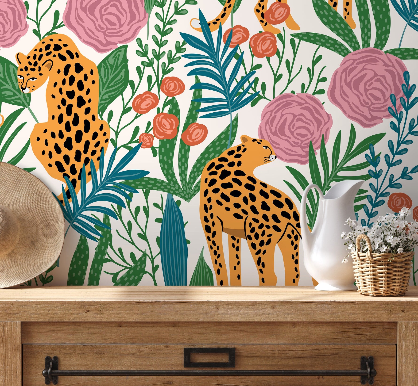 Cute Tiger and Floral Wallpaper / Peel and Stick Wallpaper Removable Wallpaper Home Decor Wall Art Wall Decor Room Decor - D157