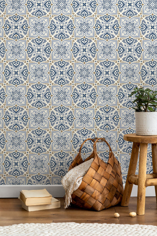 Blue Moroccan Tile Wallpaper / Peel and Stick Wallpaper Removable Wallpaper Home Decor Wall Art Wall Decor Room Decor - D162