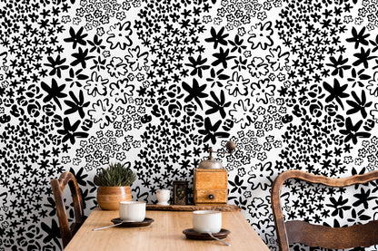 Black and White Floral Wallpaper / Peel and Stick Wallpaper Removable Wallpaper Home Decor Wall Art Wall Decor Room Decor - D165