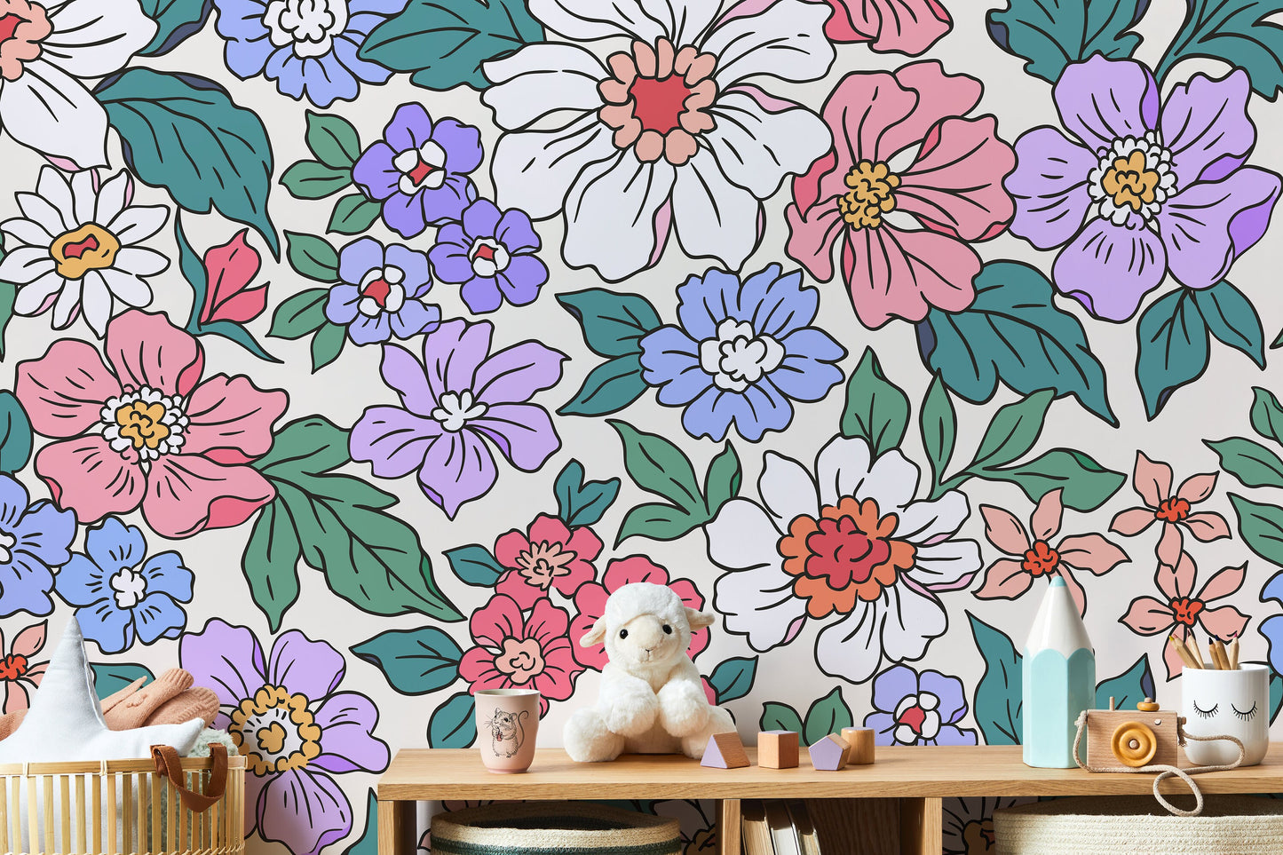 Annete Vintage Meadow Flowers Mural Large Scale Wallpaper Floral Peel and Stick Removable Repositionable or Traditional Pre-pasted - ZADV