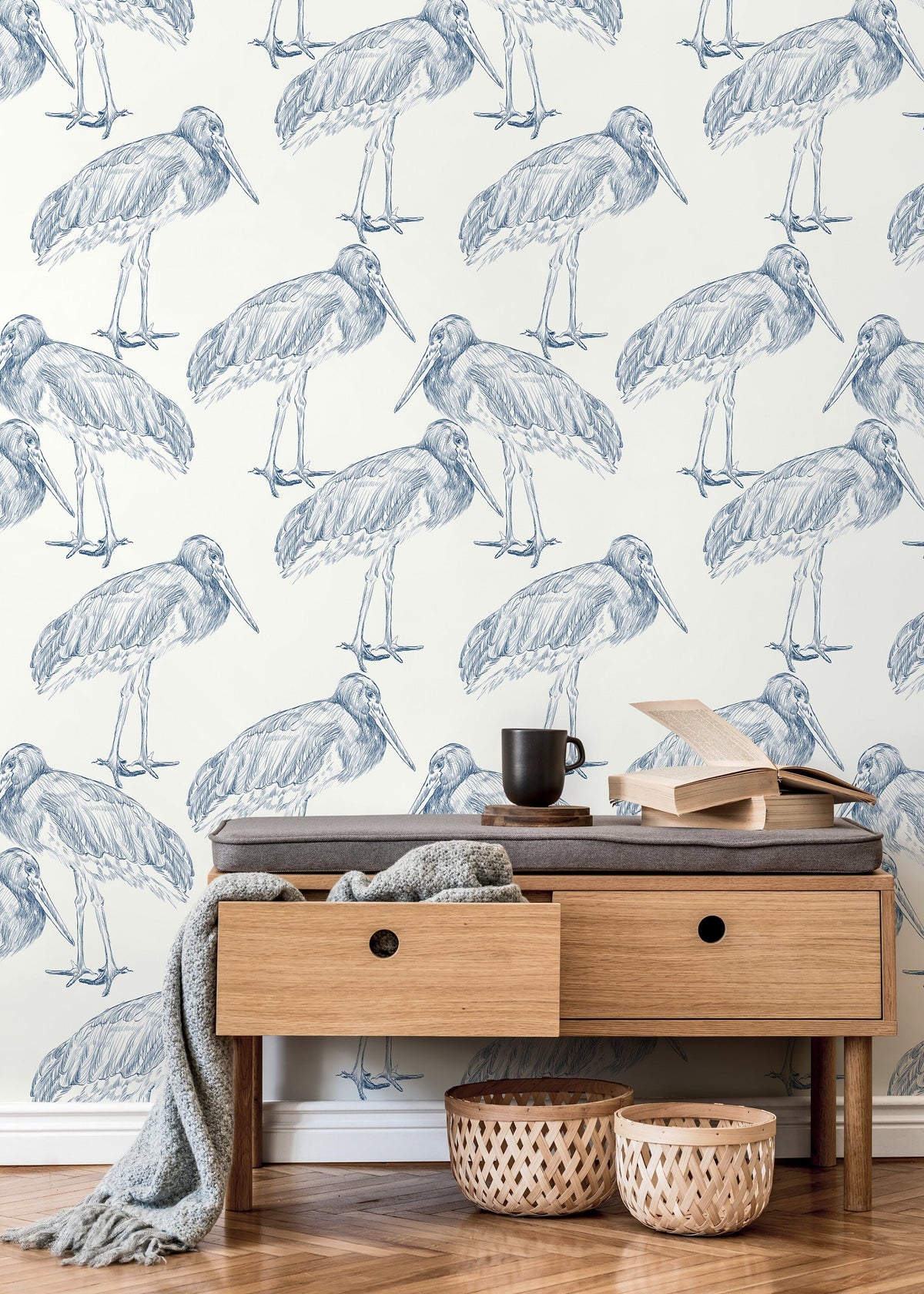 Blue Cranes Birds Wallpaper / Peel and Stick Wallpaper Removable Wallpaper Home Decor Wall Art Wall Decor Room Decor - D058