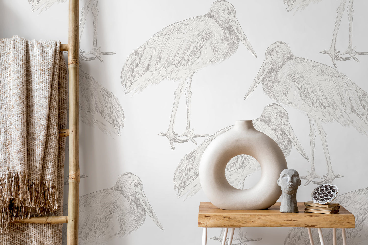 Neutral Cranes Birds Wallpaper / Peel and Stick Wallpaper Removable Wallpaper Home Decor Wall Art Wall Decor Room Decor - D059