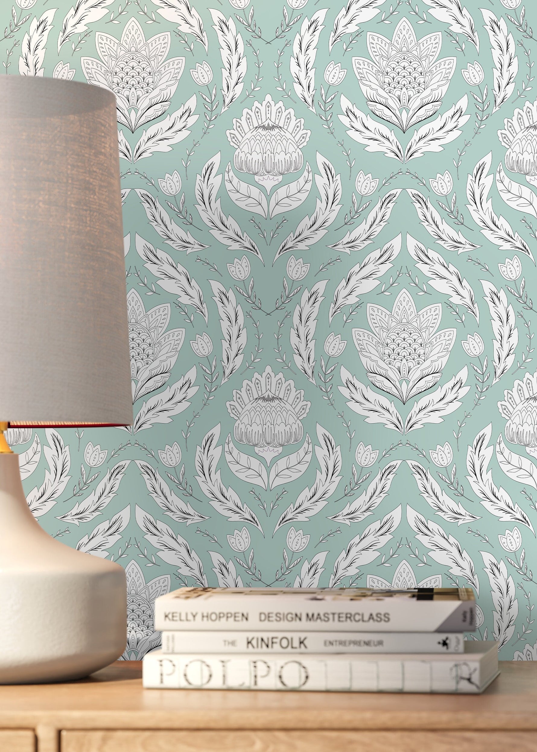 Mint Floral Vintage Wallpaper / Peel and Stick Wallpaper Removable Wallpaper Home Decor Wall Art Wall Decor Room Decor - D060