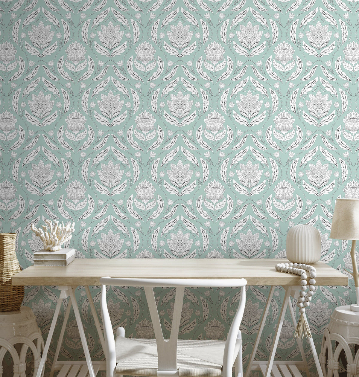 Mint Floral Vintage Wallpaper / Peel and Stick Wallpaper Removable Wallpaper Home Decor Wall Art Wall Decor Room Decor - D060
