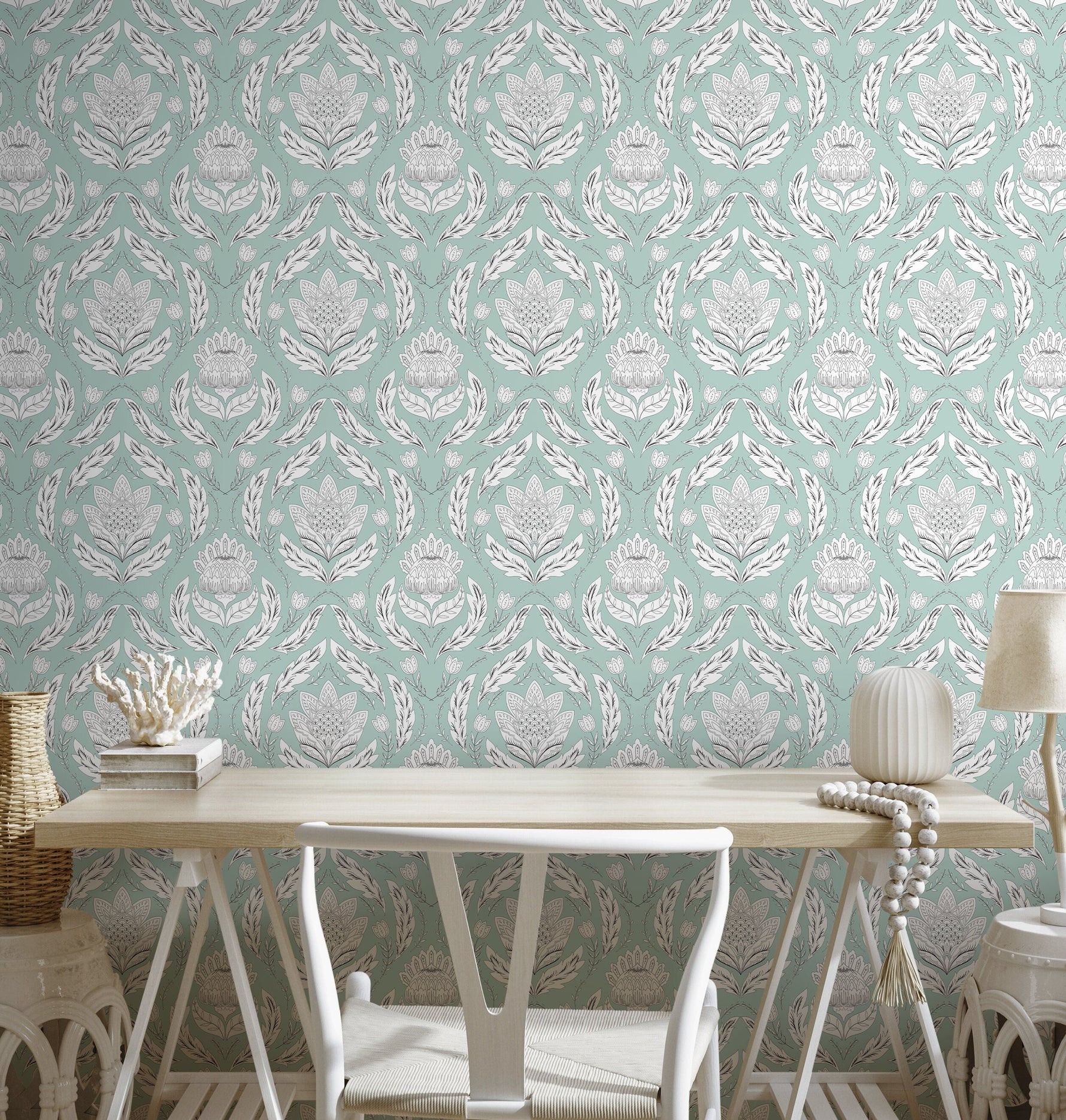 Mint Floral Vintage Wallpaper / Peel and Stick Wallpaper Removable Wallpaper Home Decor Wall Art Wall Decor Room Decor - D060