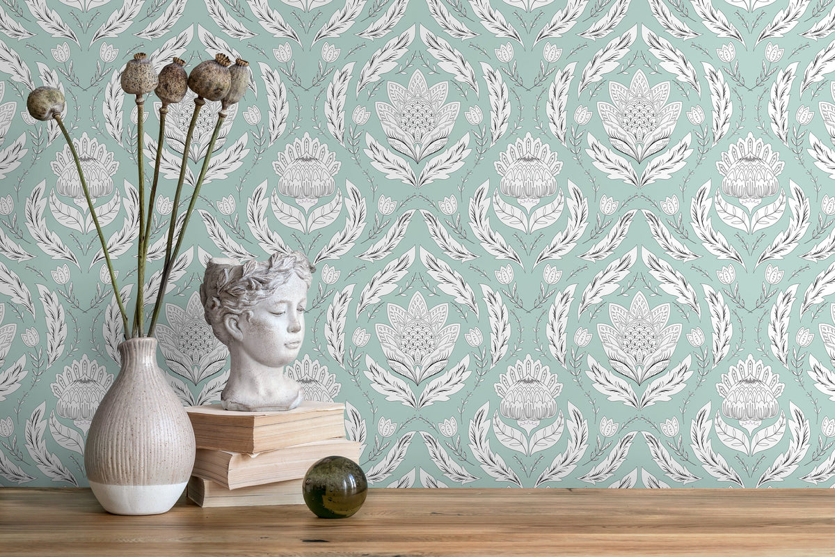 Mint Floral Vintage Wallpaper / Peel and Stick Wallpaper Removable Wallpaper Home Decor Wall Art Wall Decor Room Decor - D060