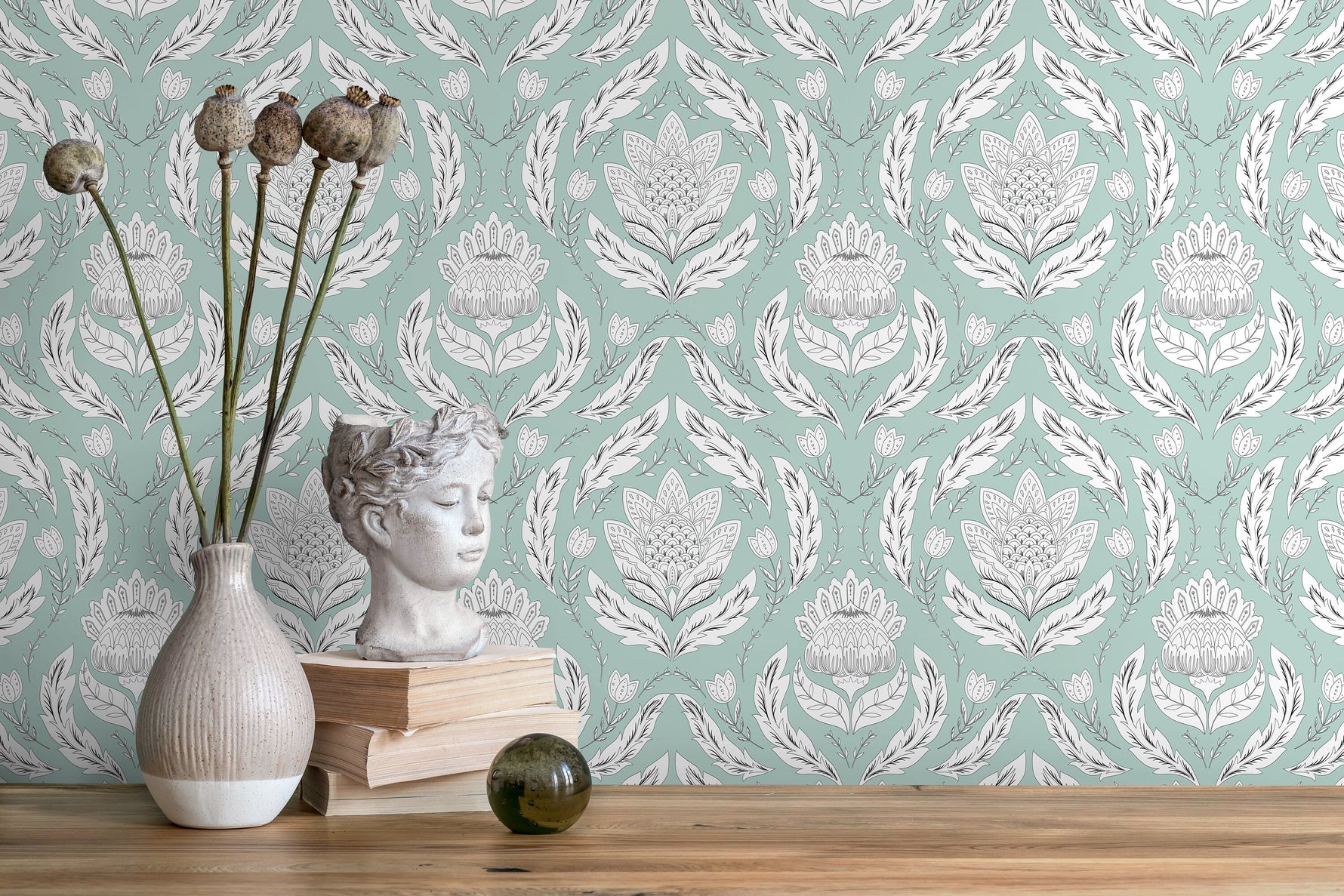 Mint Floral Vintage Wallpaper / Peel and Stick Wallpaper Removable Wallpaper Home Decor Wall Art Wall Decor Room Decor - D060