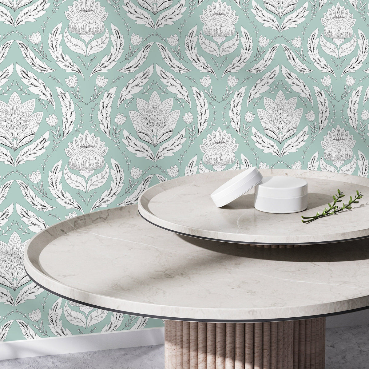 Mint Floral Vintage Wallpaper / Peel and Stick Wallpaper Removable Wallpaper Home Decor Wall Art Wall Decor Room Decor - D060