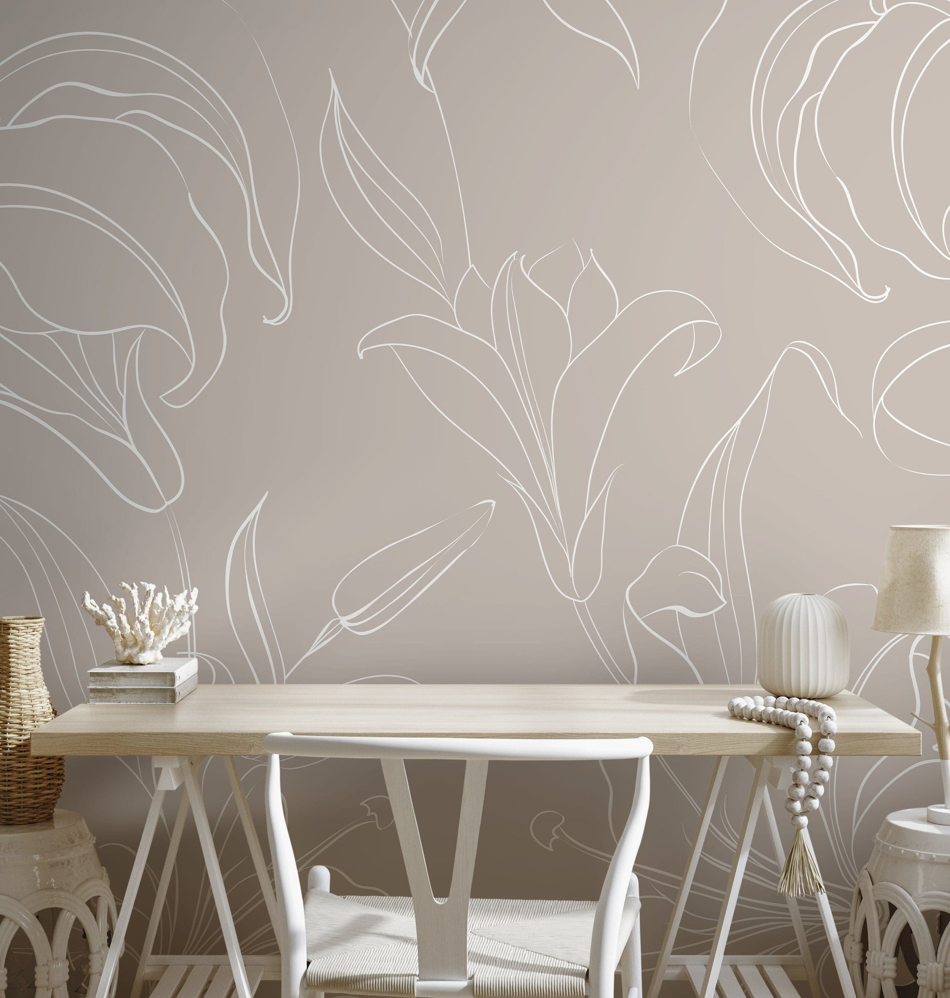 The Beige Minimalist Peony Mural Mural Self Adhesive Large Scale Wallpaper Peony Floral Traditional Pre-pasted or Peel and Stick - ZADQ