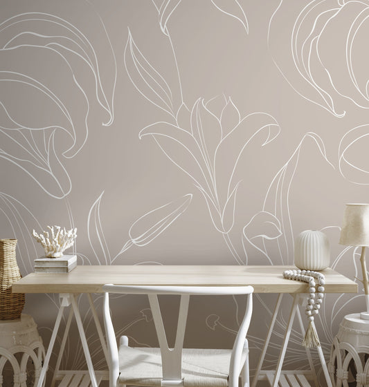 The Beige Minimalist Peony Mural Mural Self Adhesive Large Scale Wallpaper Peony Floral Traditional Pre-pasted or Peel and Stick - ZADQ