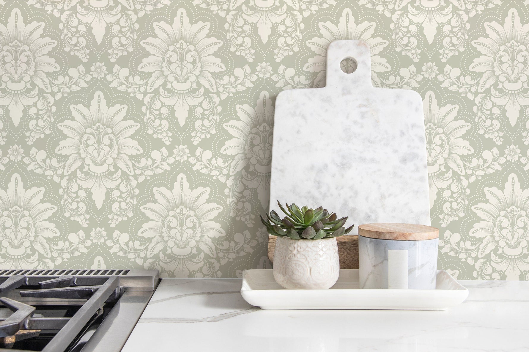 Neutral Vintage Damask Wallpaper / Peel and Stick Wallpaper Removable Wallpaper Home Decor Wall Art Wall Decor Room Decor - D064