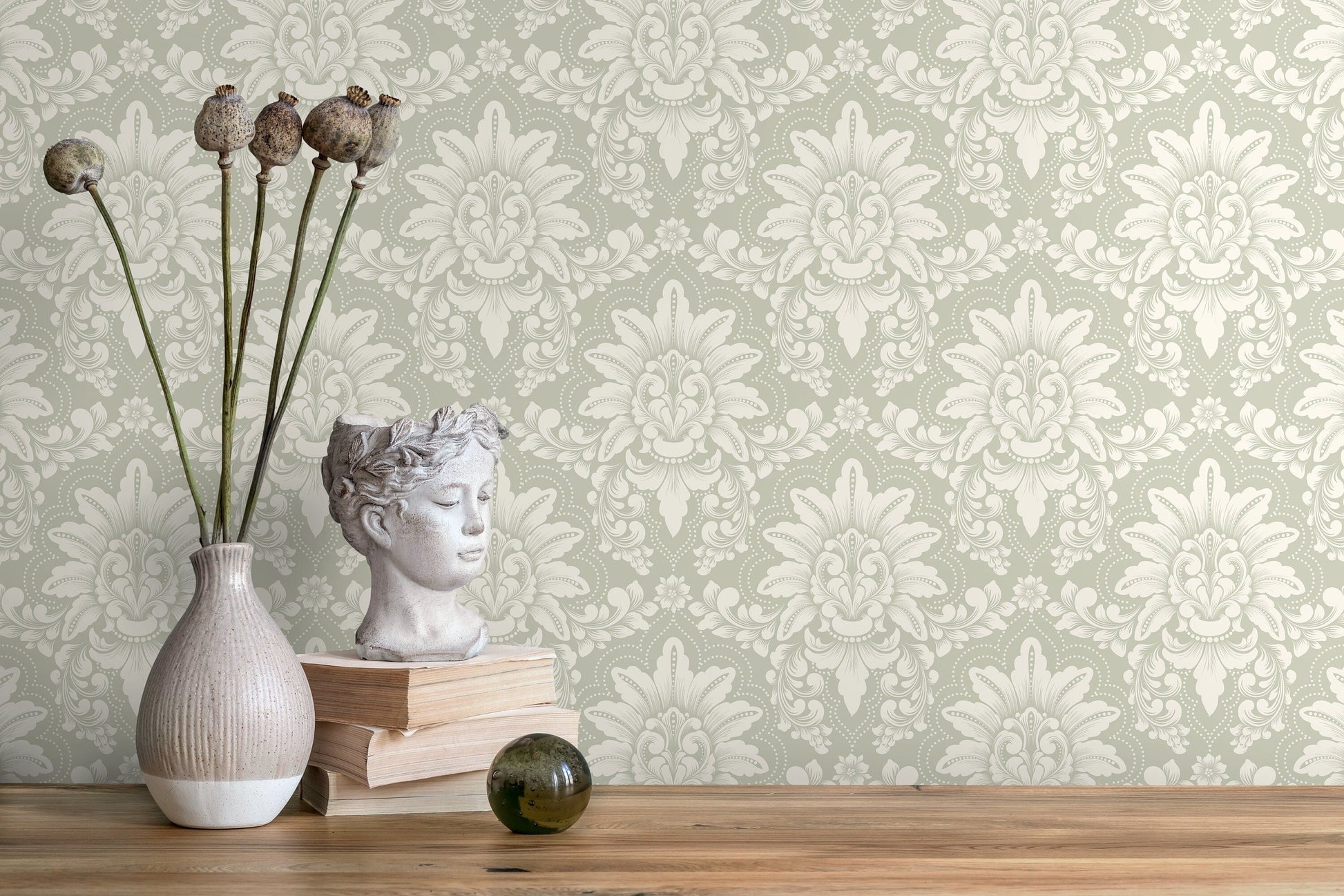 Neutral Vintage Damask Wallpaper / Peel and Stick Wallpaper Removable Wallpaper Home Decor Wall Art Wall Decor Room Decor - D064