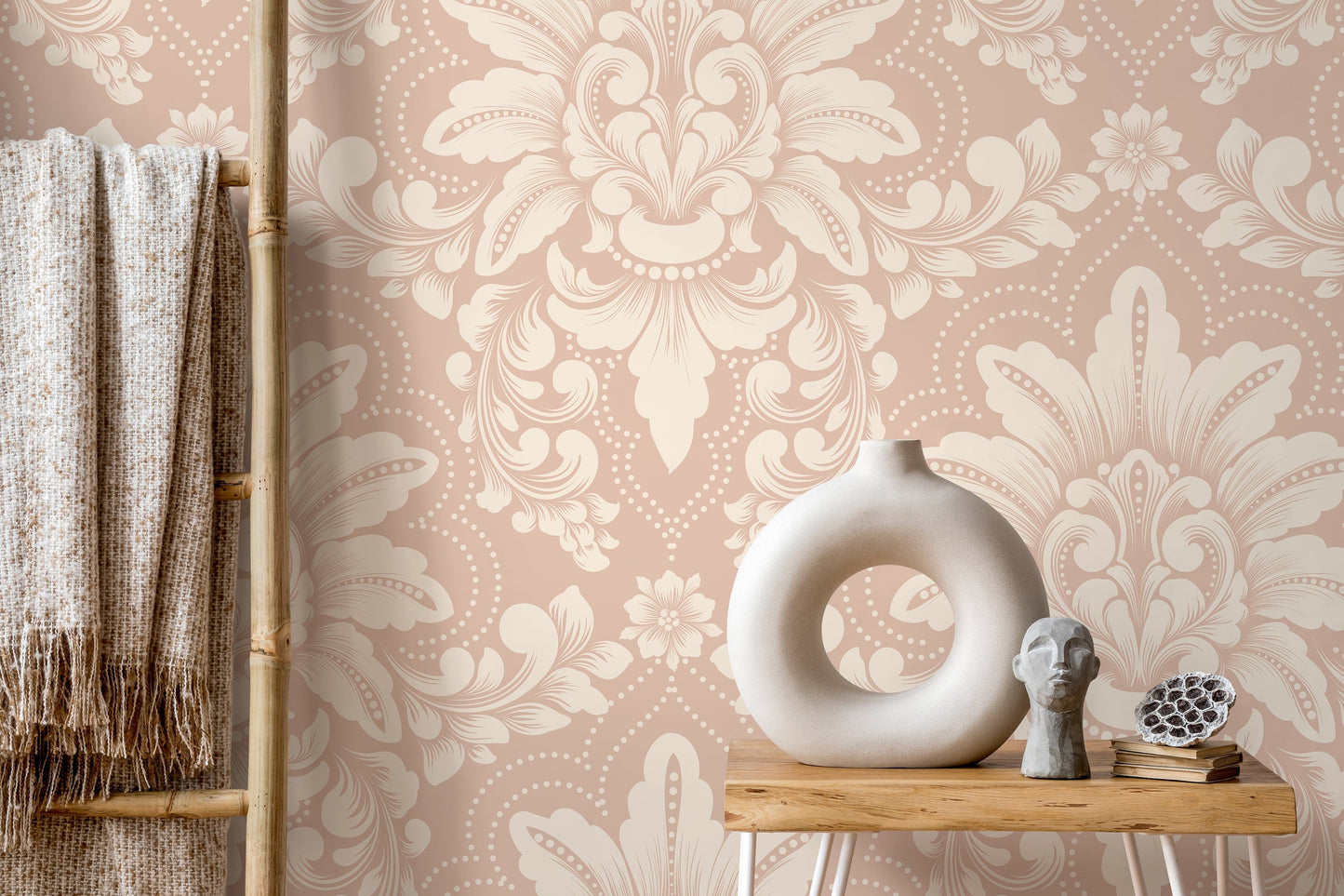 Pink Vintage Damask Wallpaper / Peel and Stick Wallpaper Removable Wallpaper Home Decor Wall Art Wall Decor Room Decor - D065