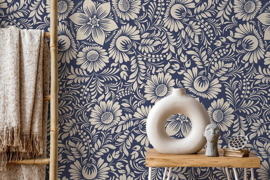 Blue and Beige Floral Wallpaper / Peel and Stick Wallpaper Removable Wallpaper Home Decor Wall Art Wall Decor Room Decor - D068