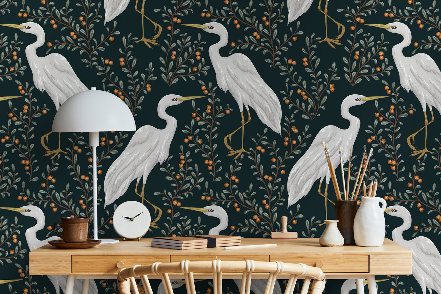 Floral Cranes Birds Wallpaper / Peel and Stick Wallpaper Removable Wallpaper Home Decor Wall Art Wall Decor Room Decor - D072