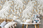 Neutral Floral Cranes Birds Wallpaper / Peel and Stick Wallpaper Removable Wallpaper Home Decor Wall Art Wall Decor Room Decor - D073