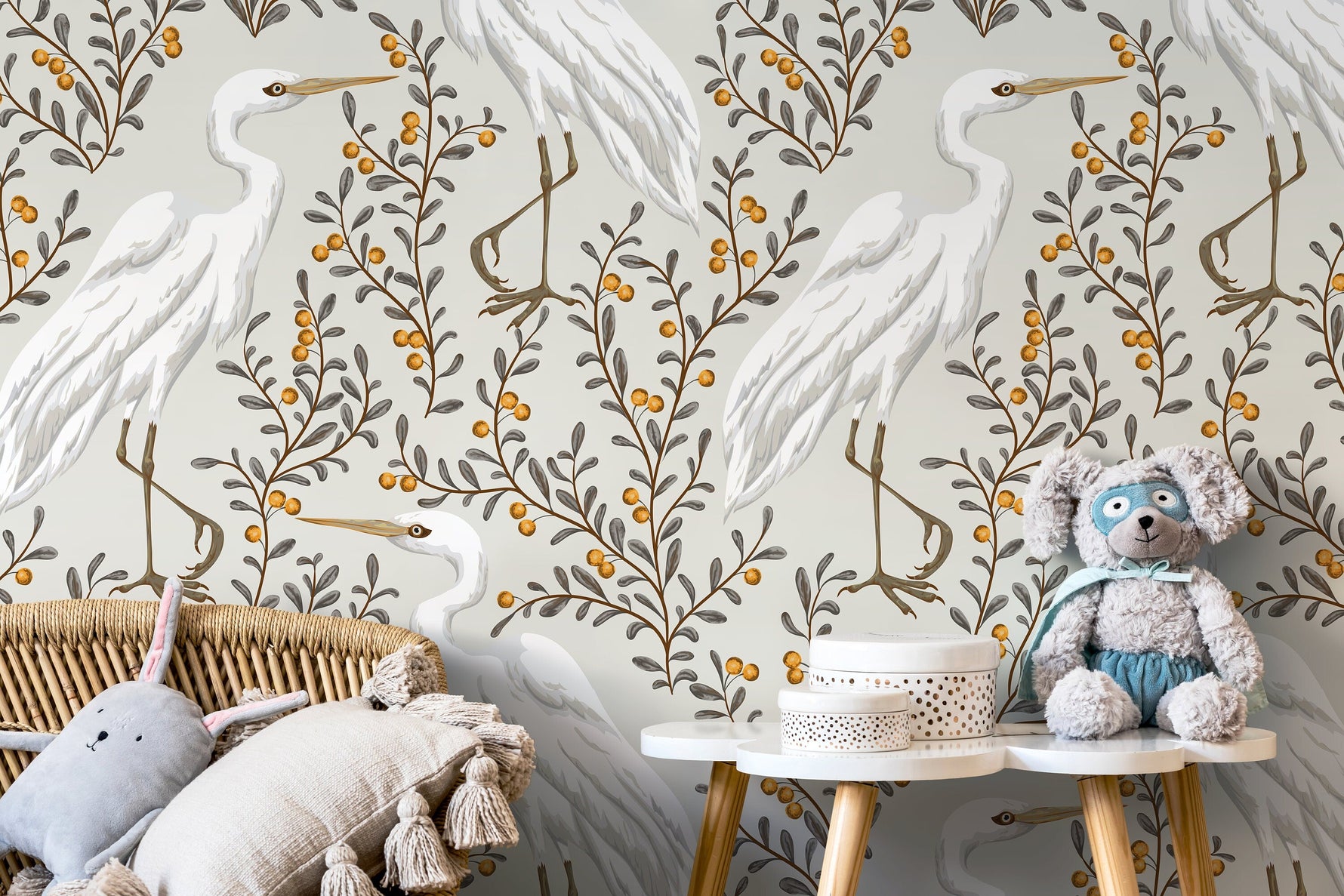 Neutral Floral Cranes Birds Wallpaper / Peel and Stick Wallpaper Removable Wallpaper Home Decor Wall Art Wall Decor Room Decor - D073