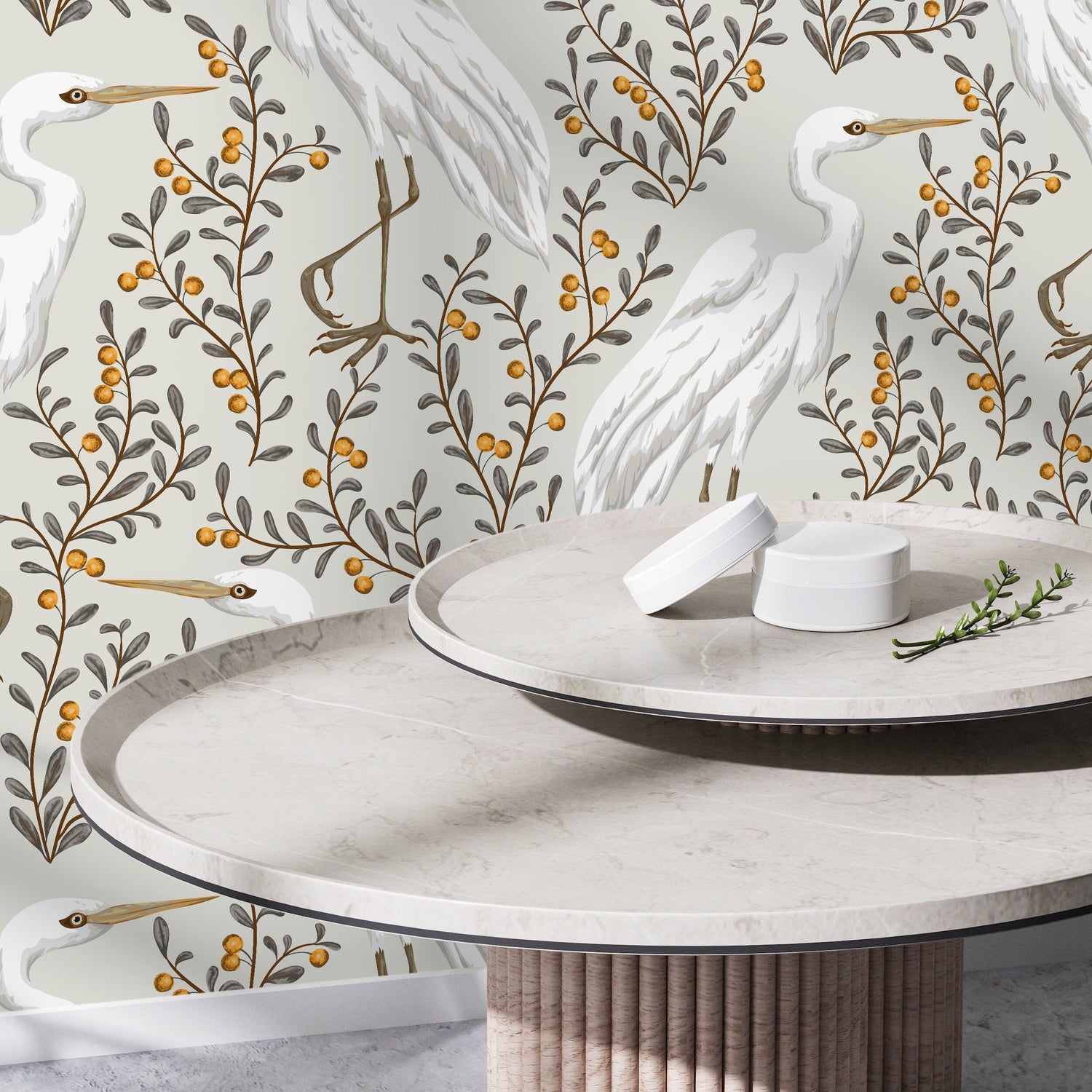 Neutral Floral Cranes Birds Wallpaper / Peel and Stick Wallpaper Removable Wallpaper Home Decor Wall Art Wall Decor Room Decor - D073