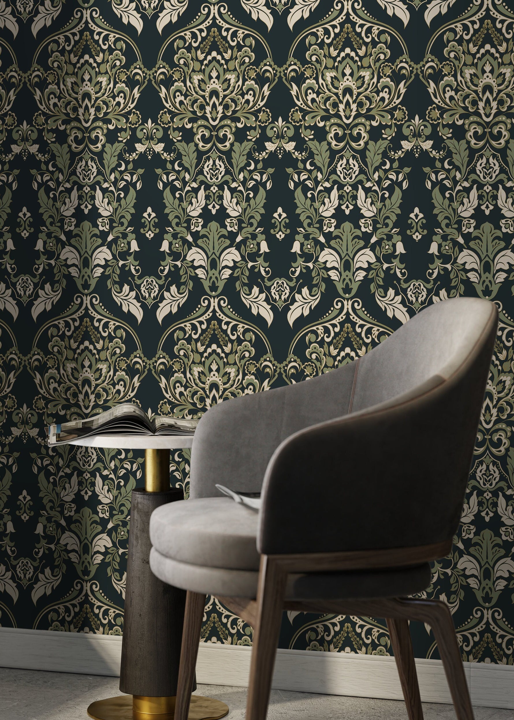 Green Vintage Victorian Wallpaper / Peel and Stick Wallpaper Removable Wallpaper Home Decor Wall Art Wall Decor Room Decor - D077