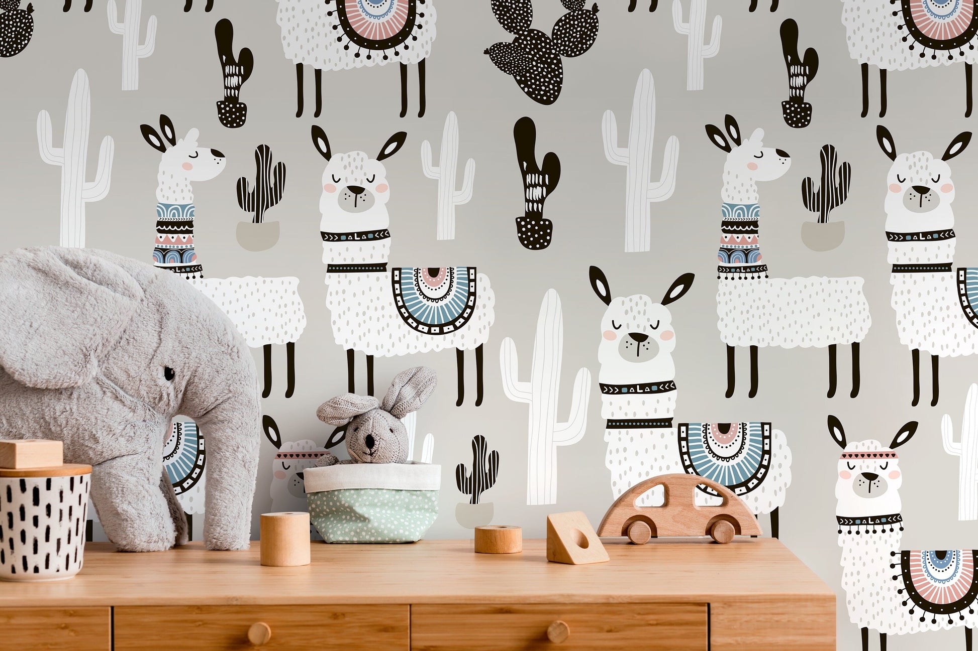 Light Gray Wallpaper for Kids With White Llamas and Cactuses, Nursery Wall Mural, Peel and Stick, Self-Adhesive, Wall Decor - CC-D078