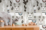 Light Gray Wallpaper for Kids With White Llamas and Cactuses, Nursery Wall Mural, Peel and Stick, Self-Adhesive, Wall Decor - CC-D078