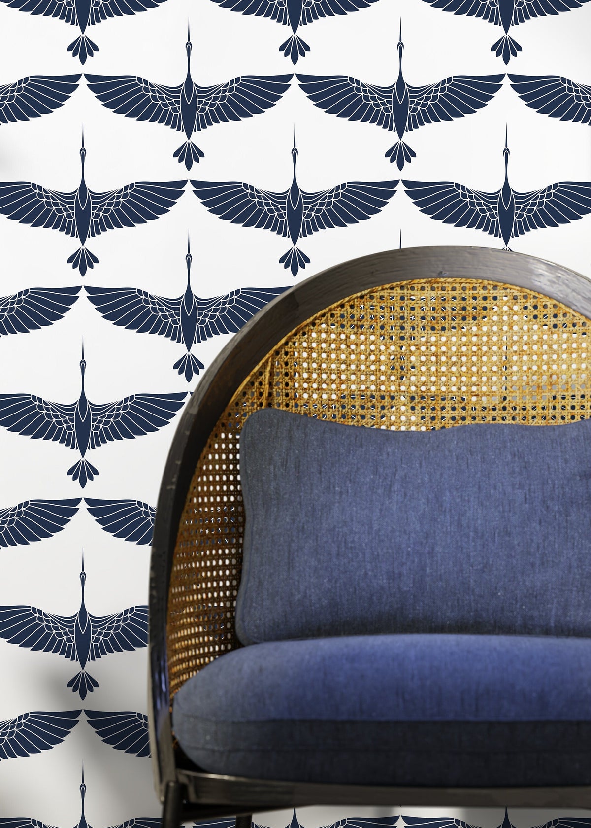Mid Century Cranes Wallpaper Art Deco Swans Navy Blue Wallpaper / Peel and Stick Wallpaper Removable Wallpaper Home Decor Wall Art - CC-D083