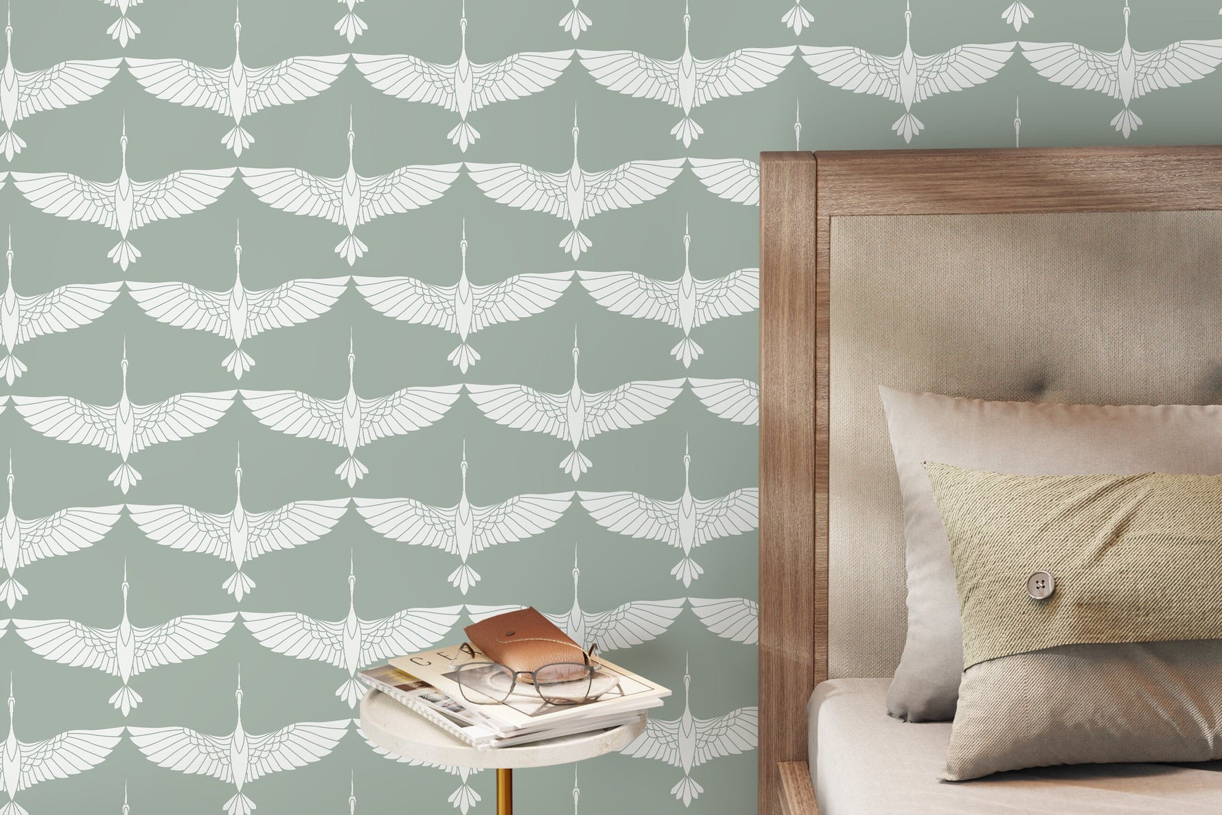 Mid Century Cranes Wallpaper Art Deco Swans Green Wallpaper / Peel and Stick Wallpaper Removable Wallpaper Home Decor Wall Art - CC-D084