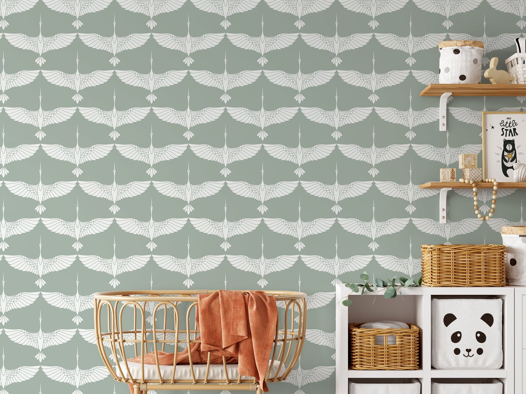 Mid Century Cranes Wallpaper Art Deco Swans Green Wallpaper / Peel and Stick Wallpaper Removable Wallpaper Home Decor Wall Art - CC-D084