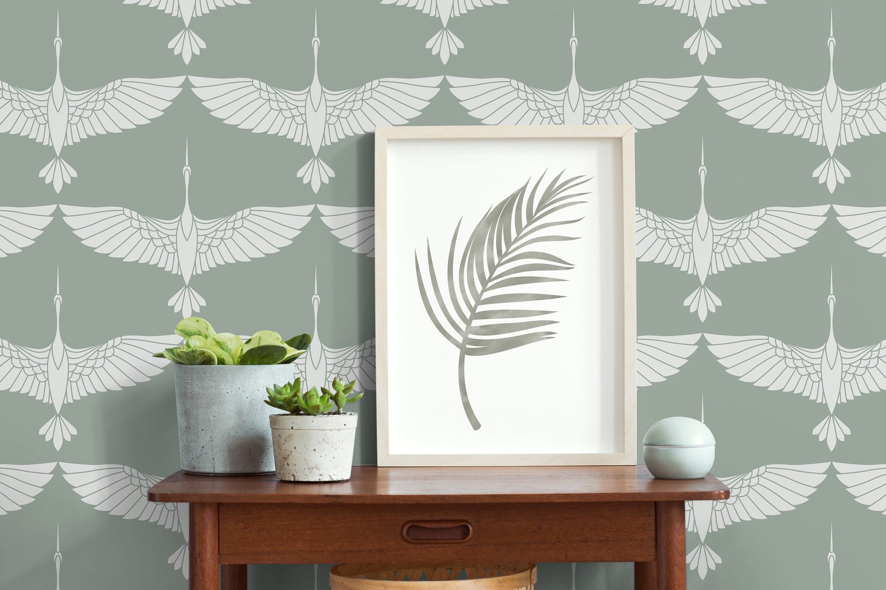 Mid Century Cranes Wallpaper Art Deco Swans Green Wallpaper / Peel and Stick Wallpaper Removable Wallpaper Home Decor Wall Art - CC-D084